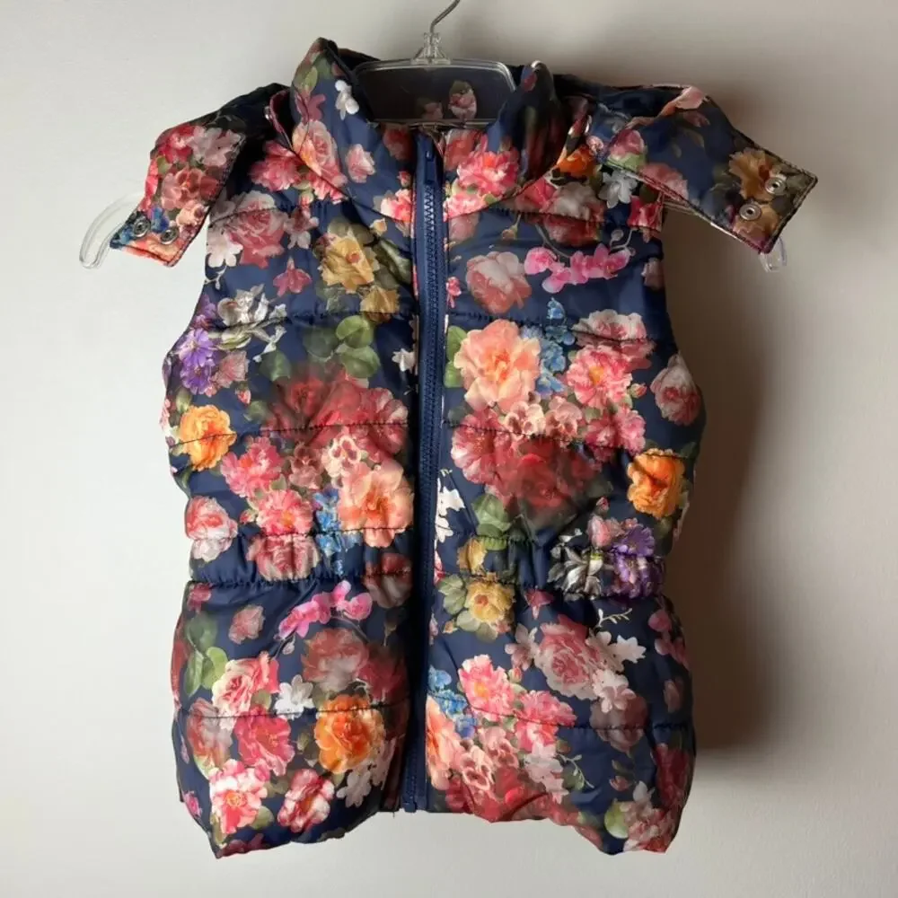 H&M Kids Floral Sleeveless Puffer Vest with Detachable Hood Size 6-7Y